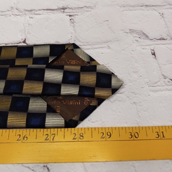 Roberto Villini Mens Navy Gold Geometric All Silk Necktie - Picture 10 of 10
